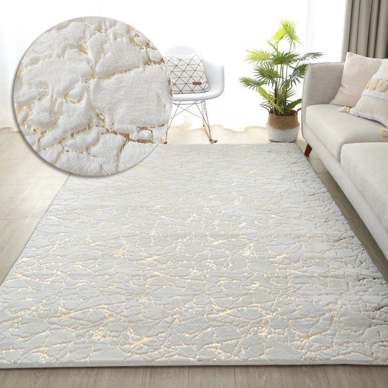 Luxury Faux Rabbit Fur Carpet - White/Gold Marble